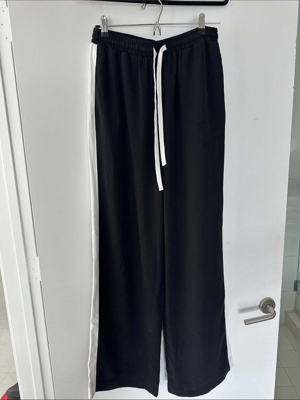 Women’s Black Wide-Leg Track Pants with White Side Stripe